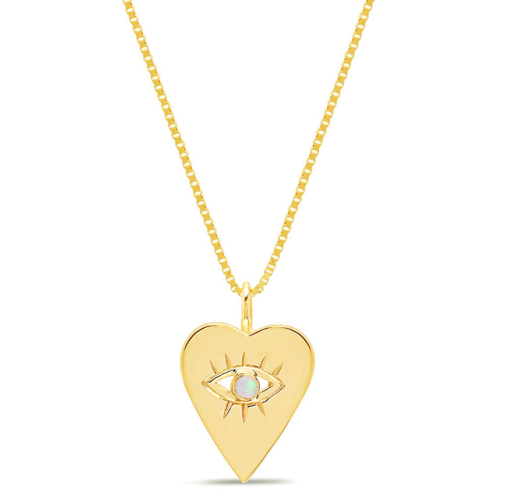14K Gold Opal Heart Evil Eye Necklace