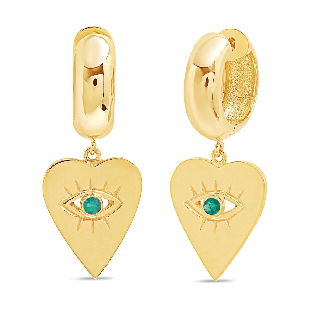 14K Gold Emerald  Heart Evil Eye Charm Huggies
