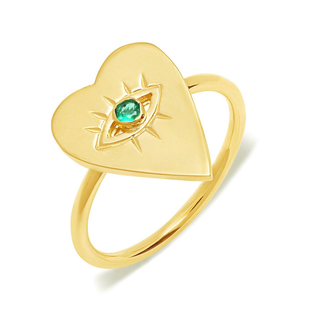 14K Gold Emerald Heart Evil Eye Ring