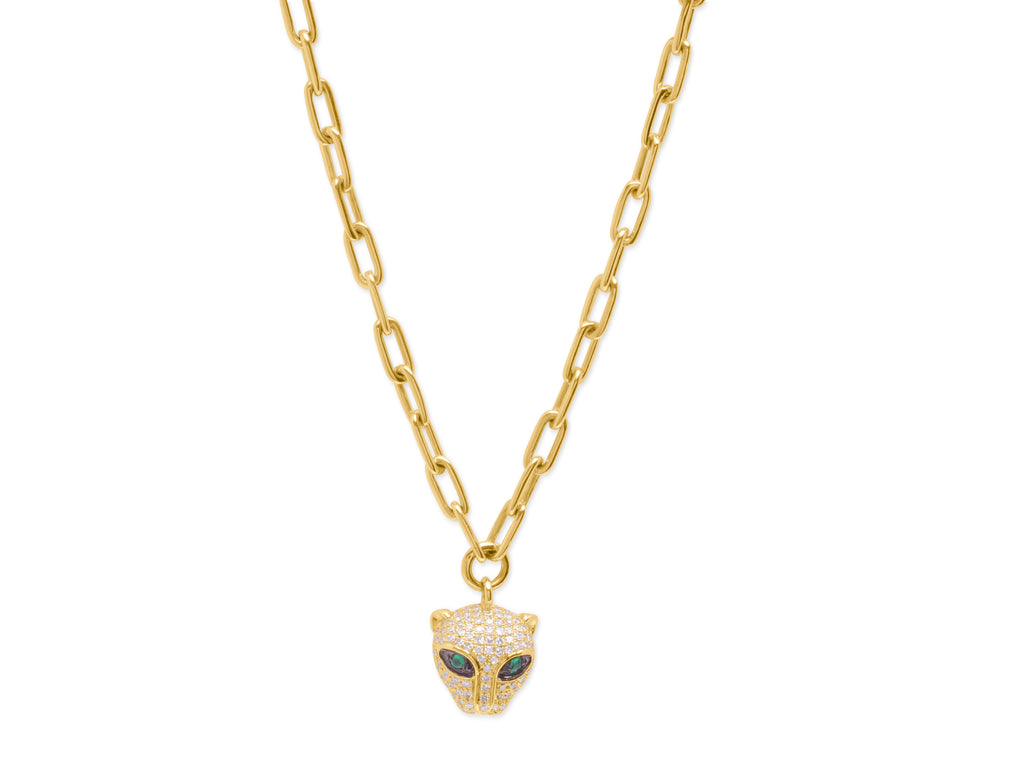 14K Gold Diamond Panther Charm on Chain Link Necklace