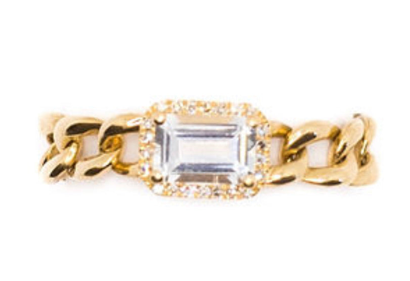 14K Gold White Topaz & Diamond Chain Ring