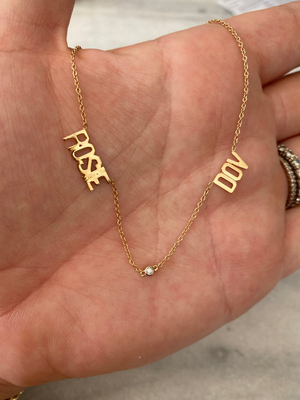 14K Gold Two Names and Bezel Diamond Necklace