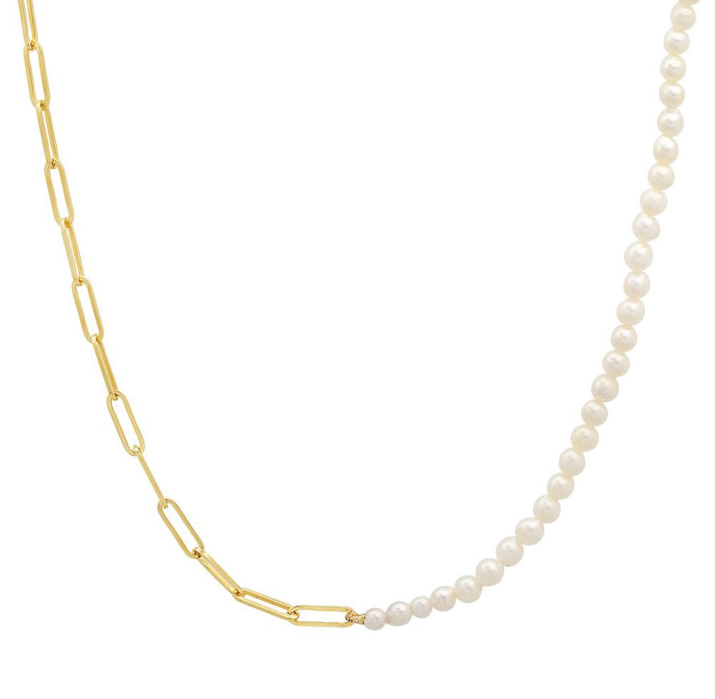 14K Gold Paperclip and Pearl Necklace