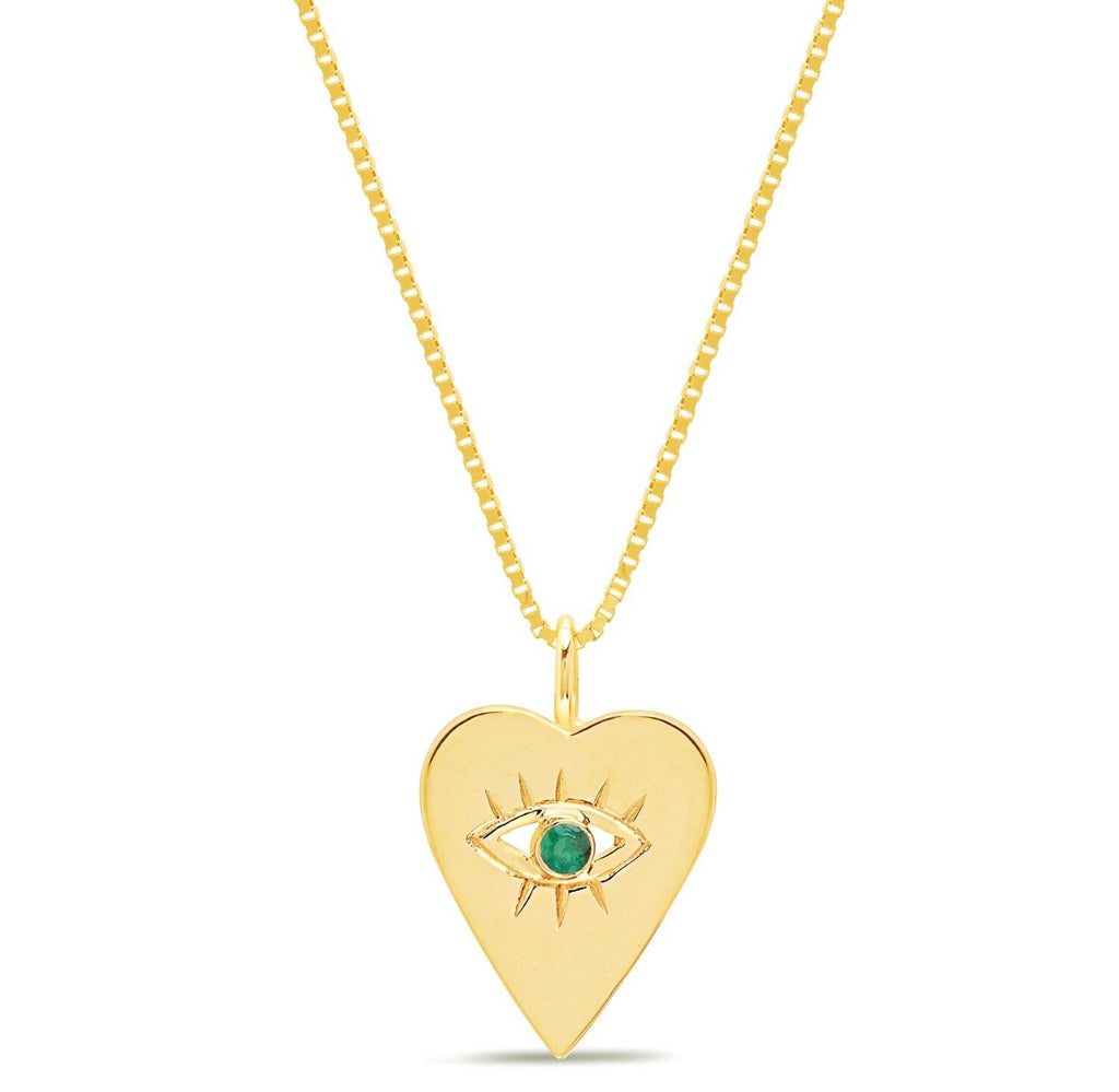 14K Gold Emerald Heart Evil Eye Necklace