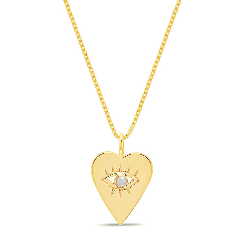 14K Gold Pearl Heart Evil Eye Necklace