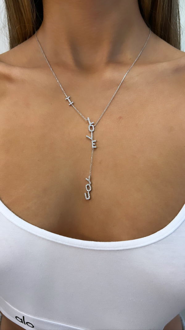 14k White Gold Diamond I Love You Lariat Necklace