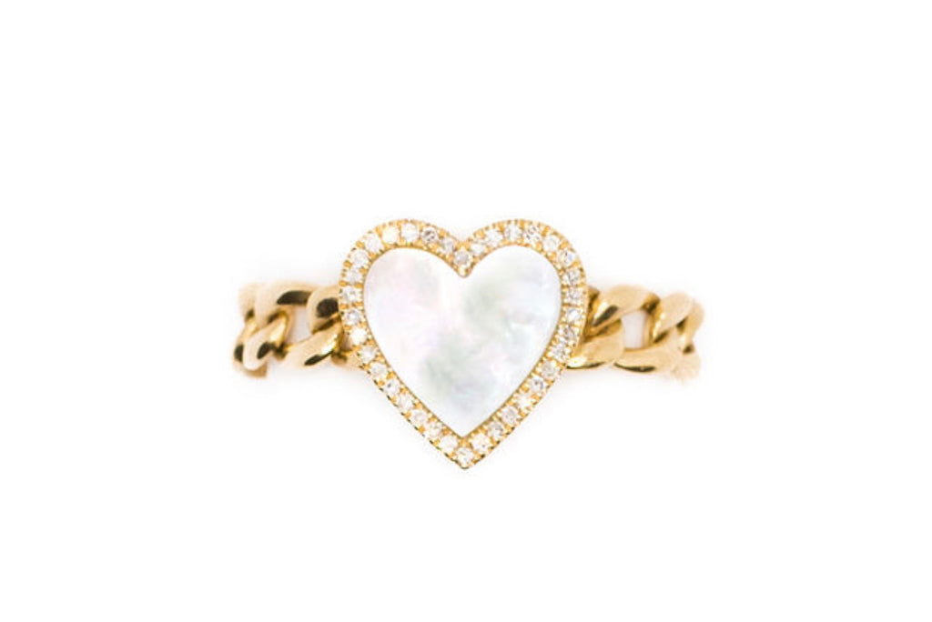 14K Gold Mother of Pearl Heart Chain Ring