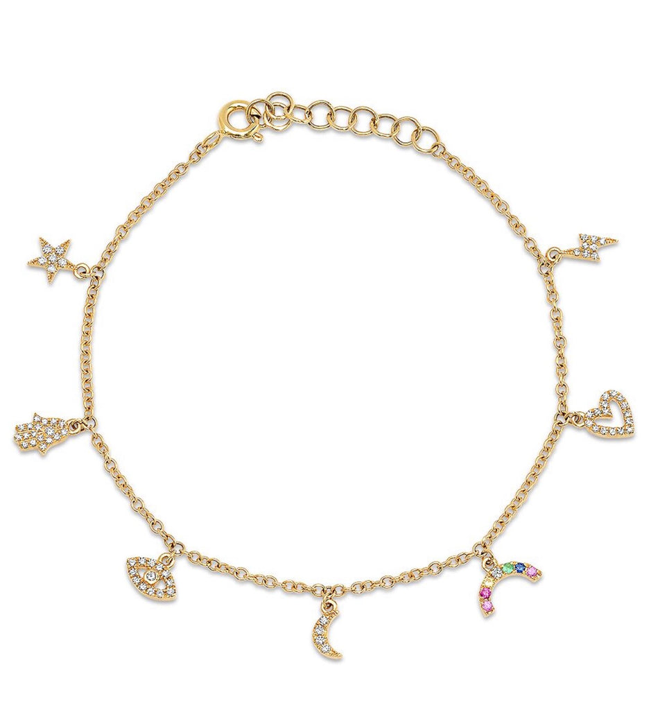 14K Gold Diamond and Sapphire Multi Symbol Charm Bracelet