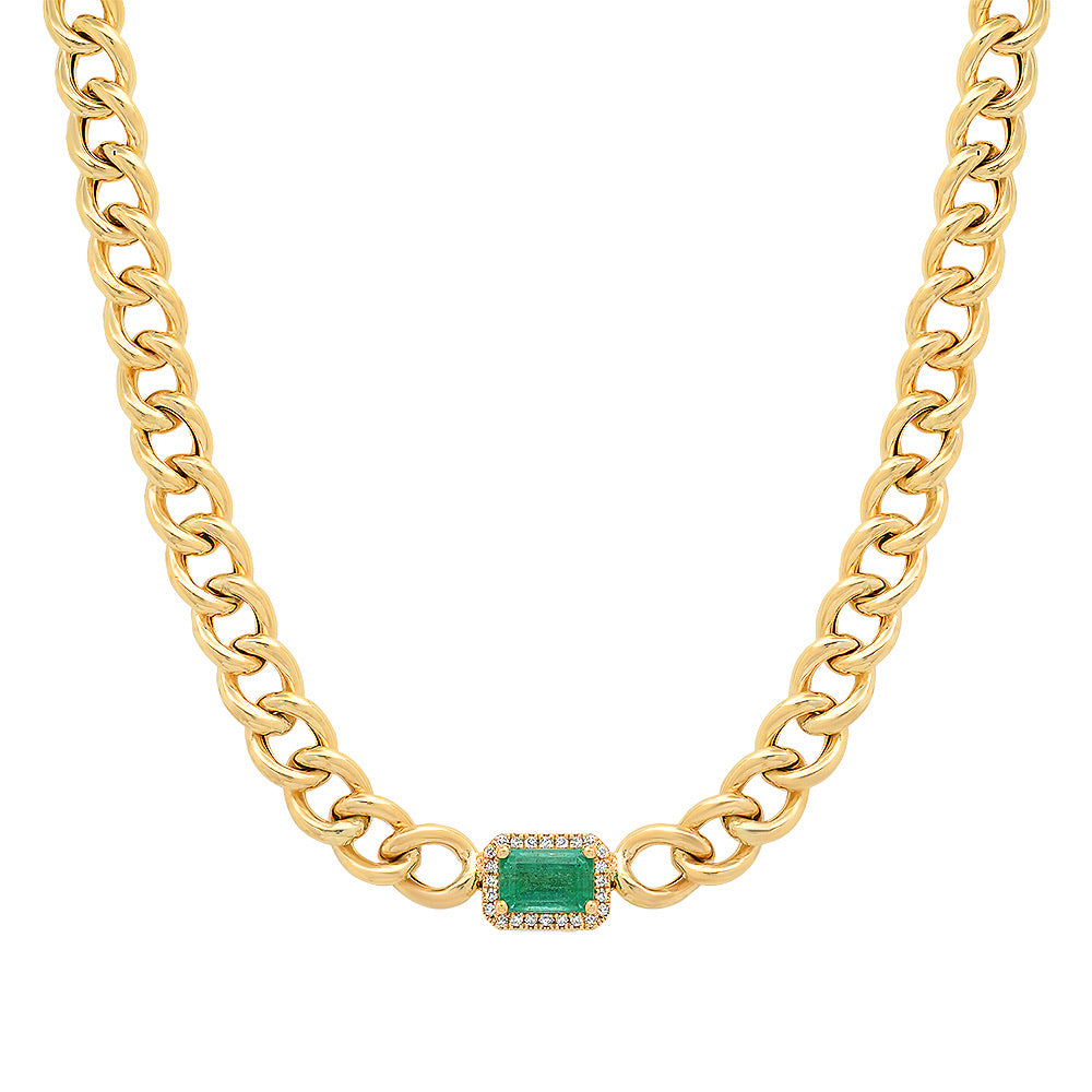 14K Gold Curb Chain Necklace with Emerald & Diamond Pendant