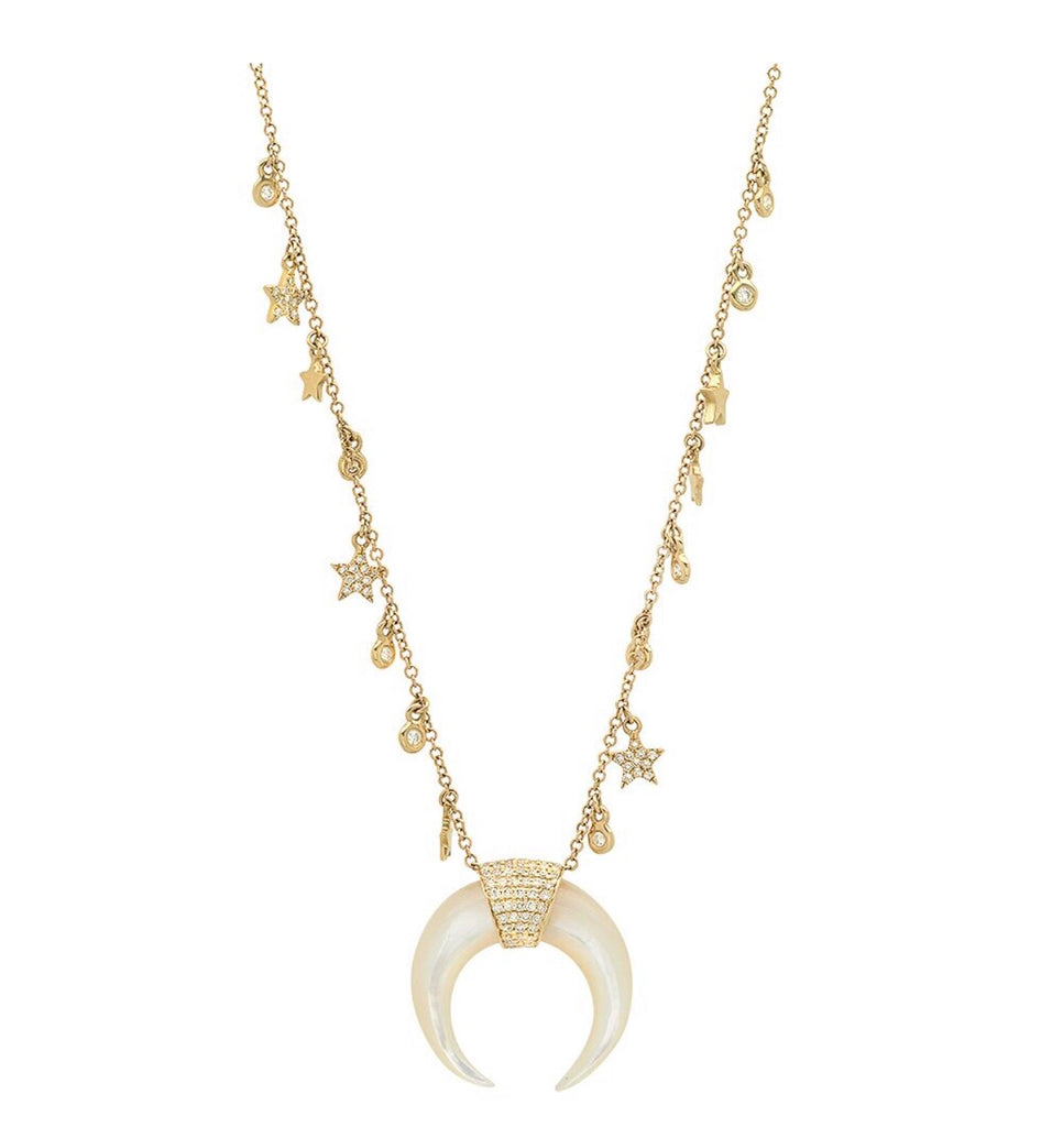 14K Gold Diamond Star Charm Crescent Necklace