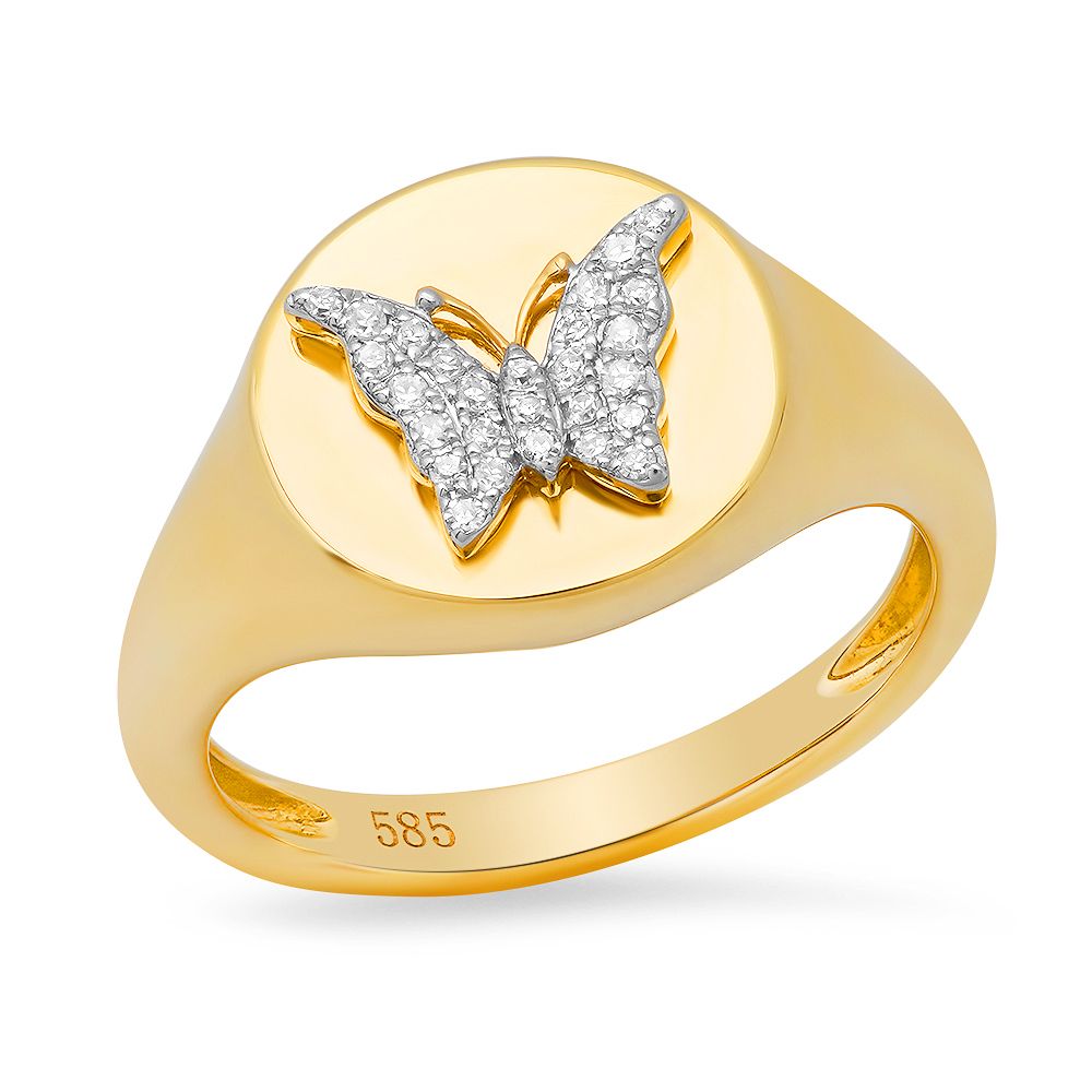 14k Gold Diamond Butterfly Signet Ring