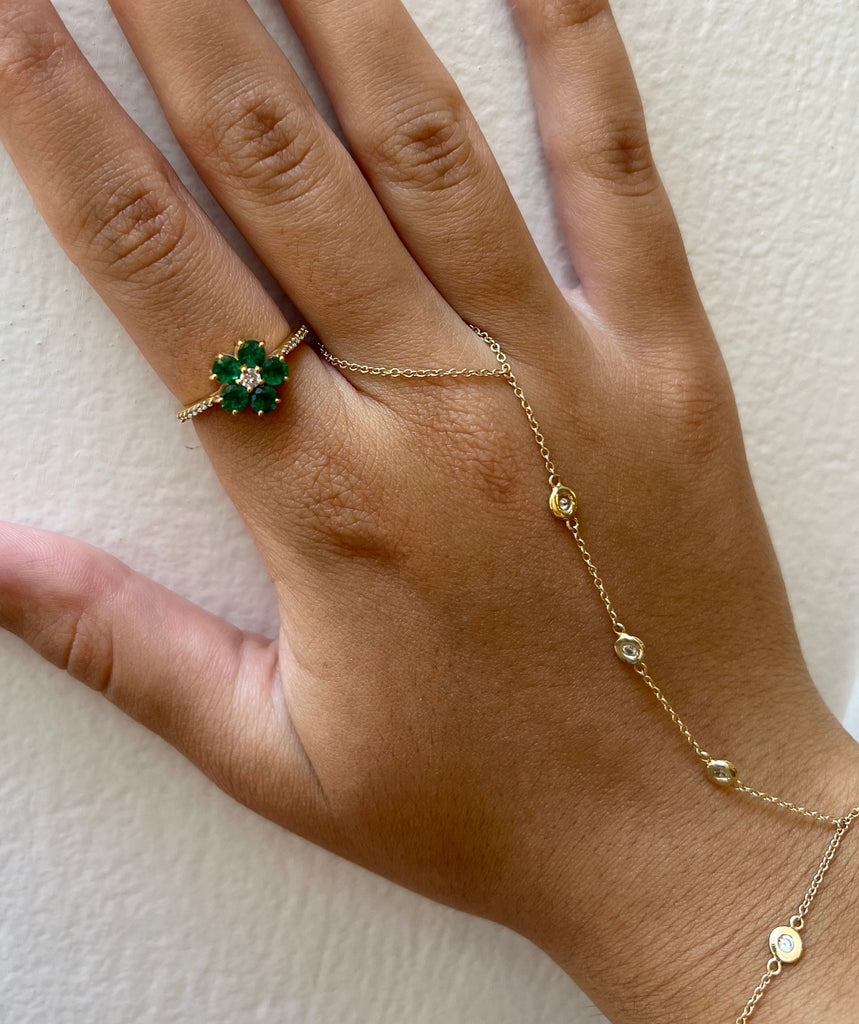 14k Yellow Gold Emerald and Diamond Flower Ring