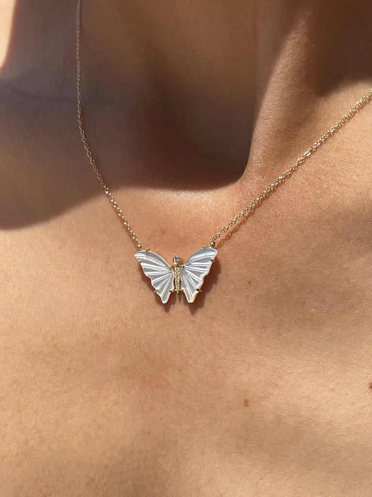 14k Yellow Gold Mother Of Pearl Diamond Butterfly Necklace