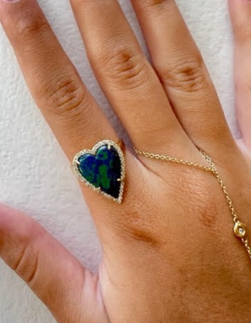 14k Yellow Gold Azurite Malachite Heart Ring with A Diamond Border