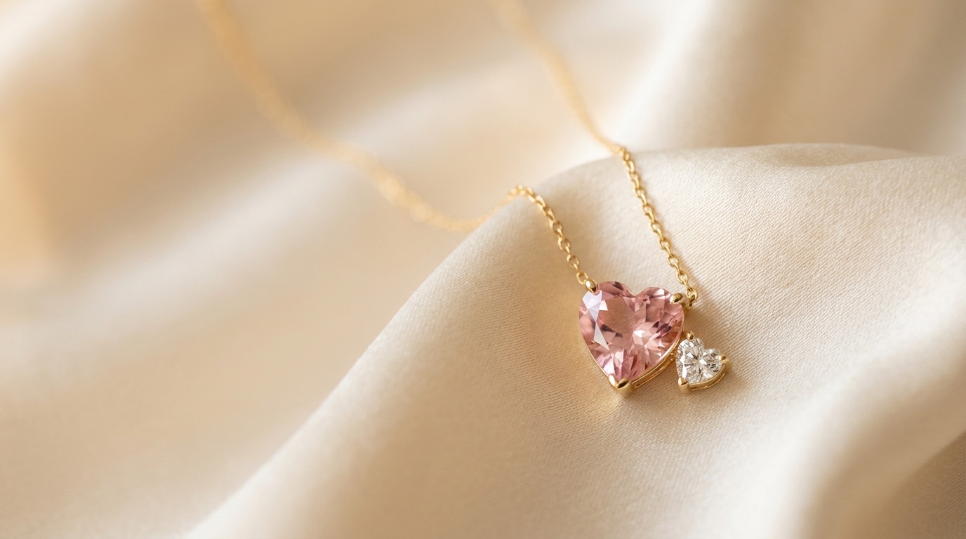 Heart-cut gemstone and diamond pendants on ivory silk