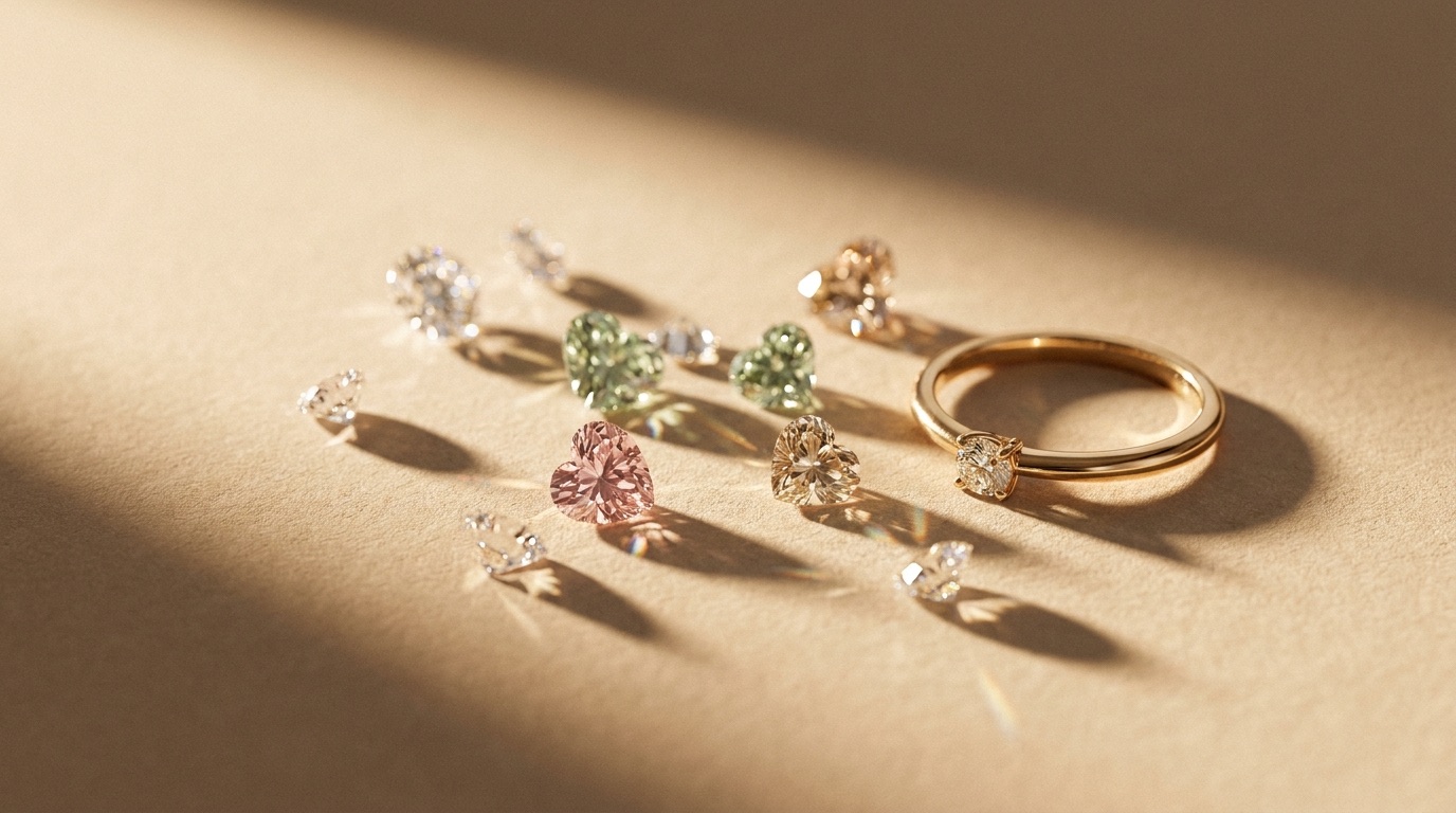 Loose diamonds and heart-cut gemstones scattered in golden light